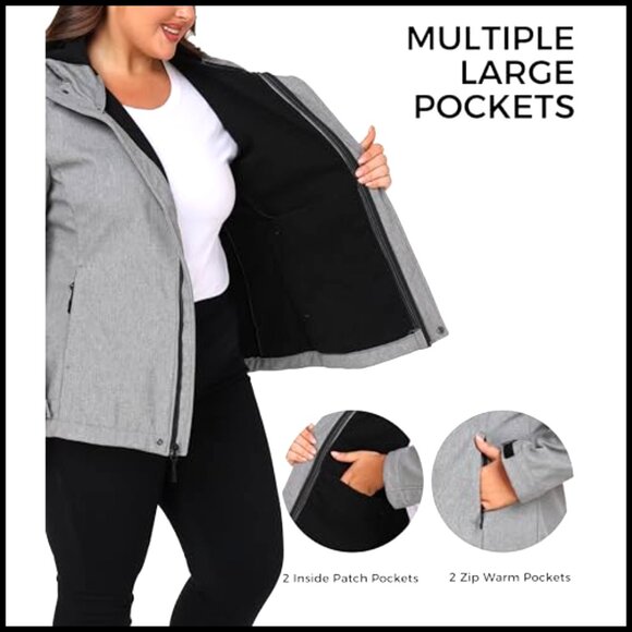 Plus Size Fleece Lined Softshell Jacket Windproof Waterproof Hooded Activewear - Picture 5 of 7